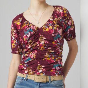 WHBM Ruched Front Poplin Top, Color: Scatter Blm Windsor Wine
